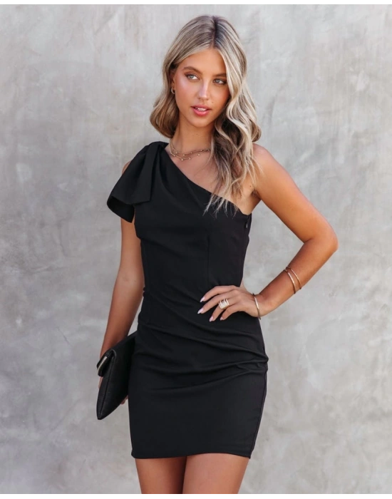 Kadın Tek Omuz Askılı Ek Parça Detay Mini Krep Elbise