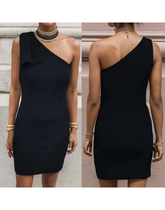 Kadın Tek Omuz Askılı Ek Parça Detay Mini Krep Elbise