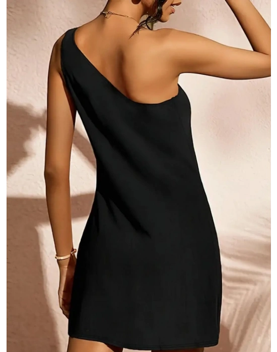 Kadın Tek Omuz Askılı Krep Mini Elbise