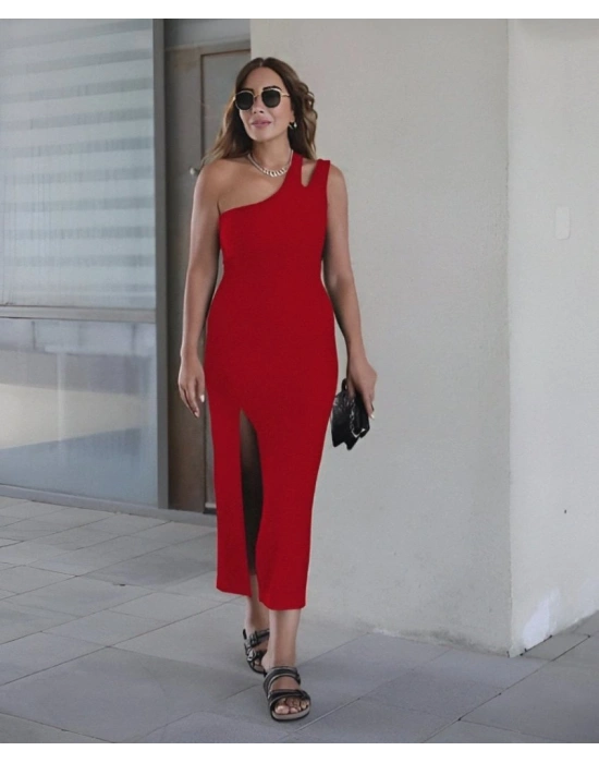 Kadın Tek Omuz Damla Detay Yırtmaçlı Krep Elbise