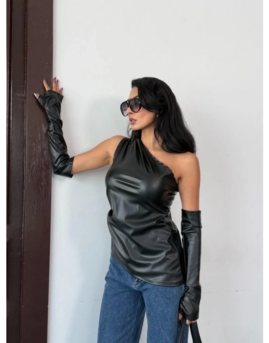 Kadın Tek Omuz Eldiven Detay Deri Bluz