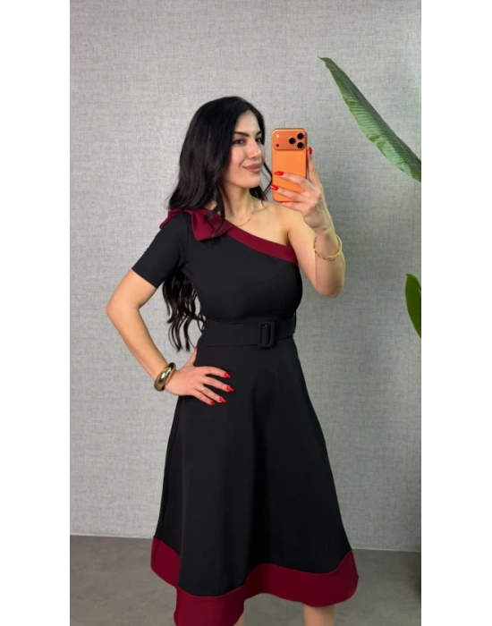 Kadın Tek Omuz Fiyonk Detaylı Midi Boy Elbise