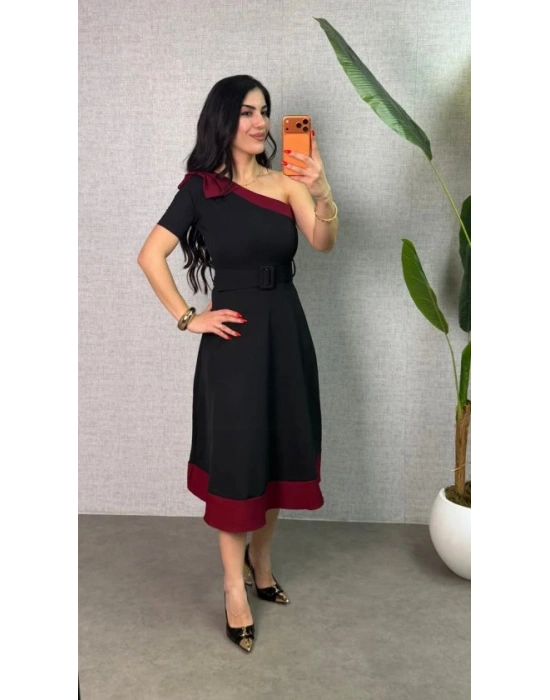 Kadın Tek Omuz Fiyonk Detaylı Midi Boy Elbise