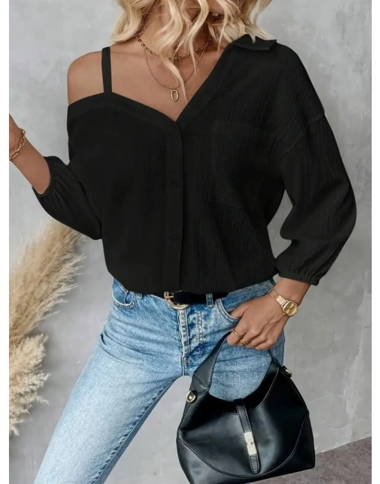 Kadın Tek Omuzdan Açık Askılı Uzun Kollu Yakalı önden Düğmeli Gömlek
