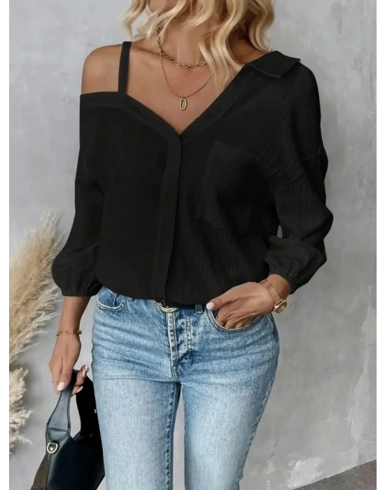 Kadın Tek Omuzdan Açık Askılı Uzun Kollu Yakalı önden Düğmeli Gömlek