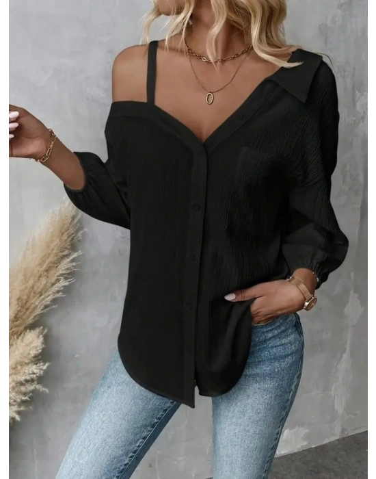 Kadın Tek Omuzdan Açık Askılı Uzun Kollu Yakalı önden Düğmeli Gömlek