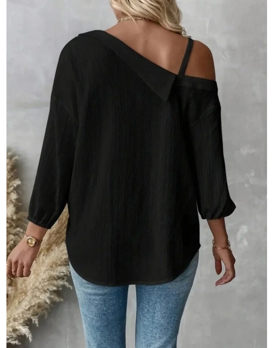 Kadın Tek Omuzdan Açık Askılı Uzun Kollu Yakalı önden Düğmeli Gömlek