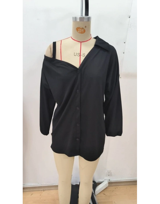 Kadın Tek Omuzdan Açık Askılı Uzun Kollu Yakalı önden Düğmeli Gömlek