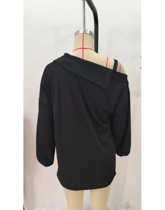 Kadın Tek Omuzdan Açık Askılı Uzun Kollu Yakalı önden Düğmeli Gömlek