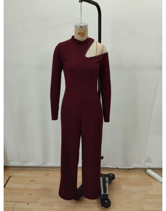 Kadın Tek Omuzdan Açık Balıkçı Yaka Taş Detaylı Uzun Ithal Krep Tulum