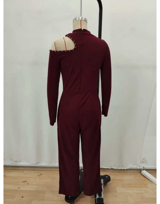 Kadın Tek Omuzdan Açık Balıkçı Yaka Taş Detaylı Uzun Ithal Krep Tulum