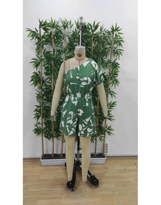 Kadın Tek Omuzdan Açık Beli Lastikli Desenli Süprem Tulum