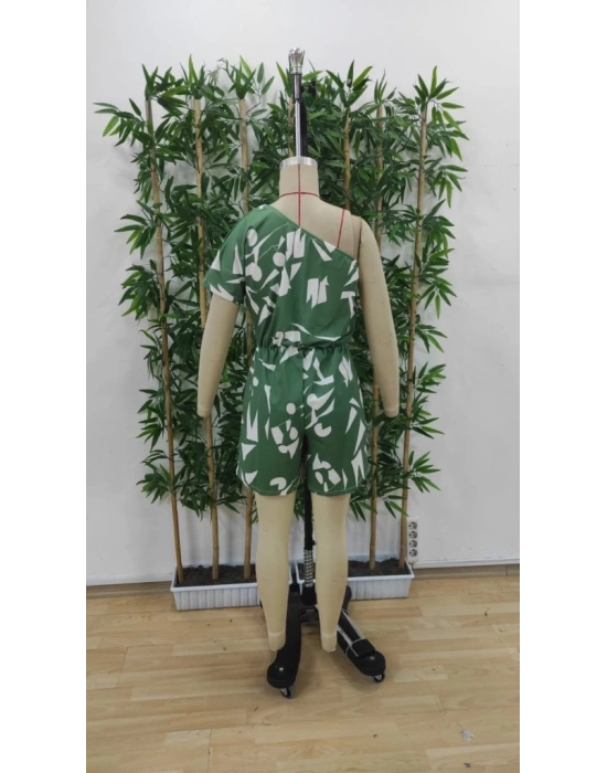 Kadın Tek Omuzdan Açık Beli Lastikli Desenli Süprem Tulum