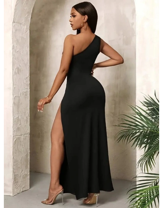 Kadın Tek Omuzdan Açık Damla Detaylı Yırtmaç Detaylı Uzun Janjan Krep Elbise