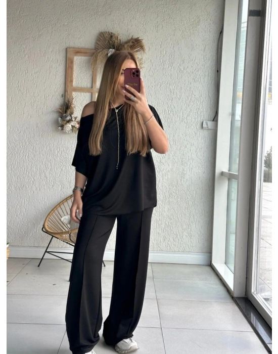 Kadın Tek Omuzdan Açık Geniş Kesim Viskon Iki Iplik Bluz Ve Pantolon Ikili Takım