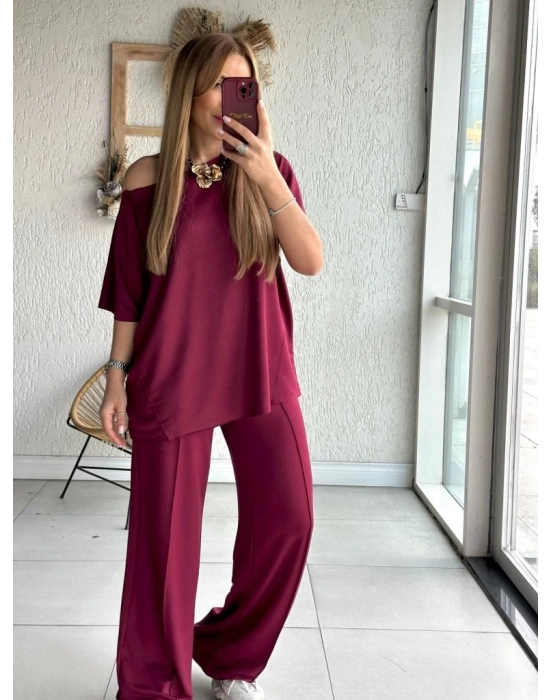 Kadın Tek Omuzdan Açık Geniş Kesim Viskon Iki Iplik Bluz Ve Pantolon Ikili Takım