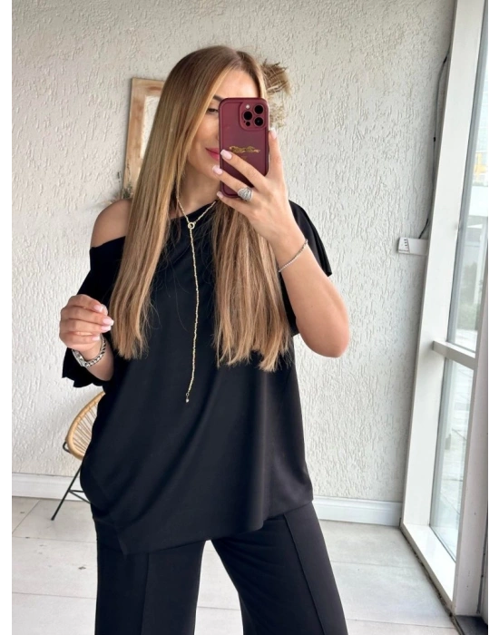 Kadın Tek Omuzdan Açık Geniş Kesim Viskon Iki Iplik Bluz Ve Pantolon Ikili Takım