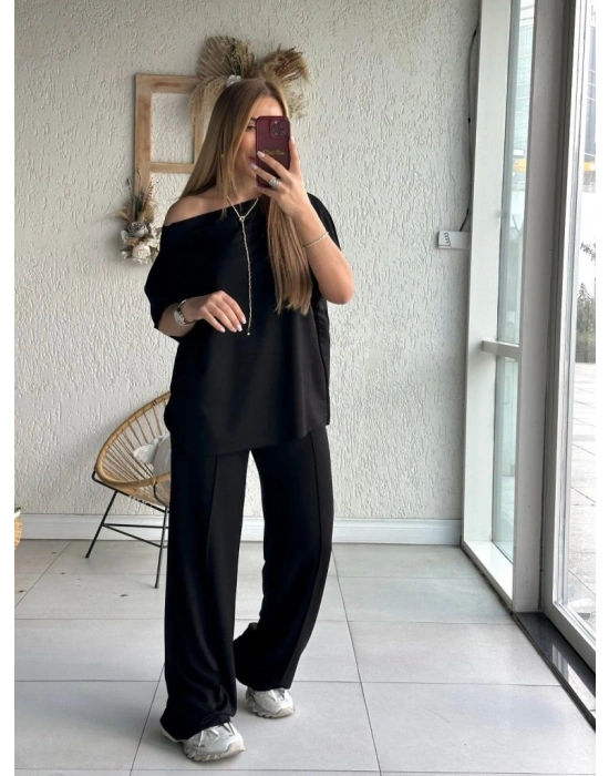 Kadın Tek Omuzdan Açık Geniş Kesim Viskon Iki Iplik Bluz Ve Pantolon Ikili Takım