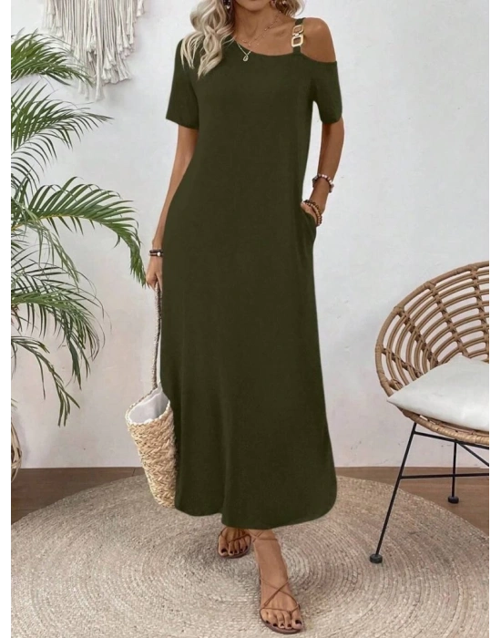 Kadın Tek Omuzdan Açık Toka Detaylı Yandan Yırtmaçlı Maksi Boy Viskon Elbise