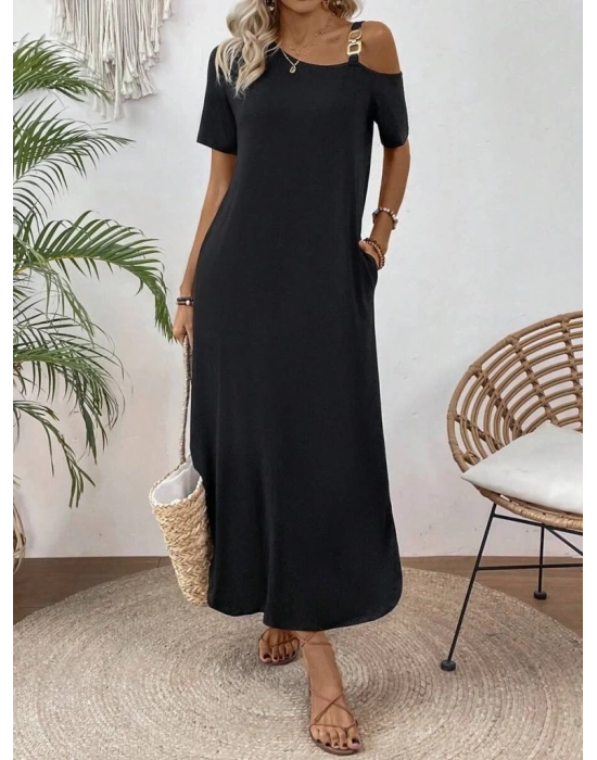 Kadın Tek Omuzdan Açık Toka Detaylı Yandan Yırtmaçlı Maksi Boy Viskon Elbise