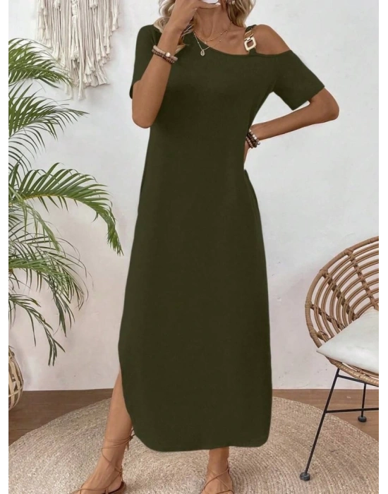 Kadın Tek Omuzdan Açık Toka Detaylı Yandan Yırtmaçlı Maksi Boy Viskon Elbise