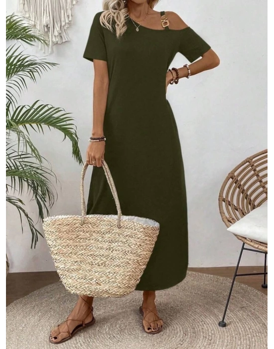 Kadın Tek Omuzdan Açık Toka Detaylı Yandan Yırtmaçlı Maksi Boy Viskon Elbise