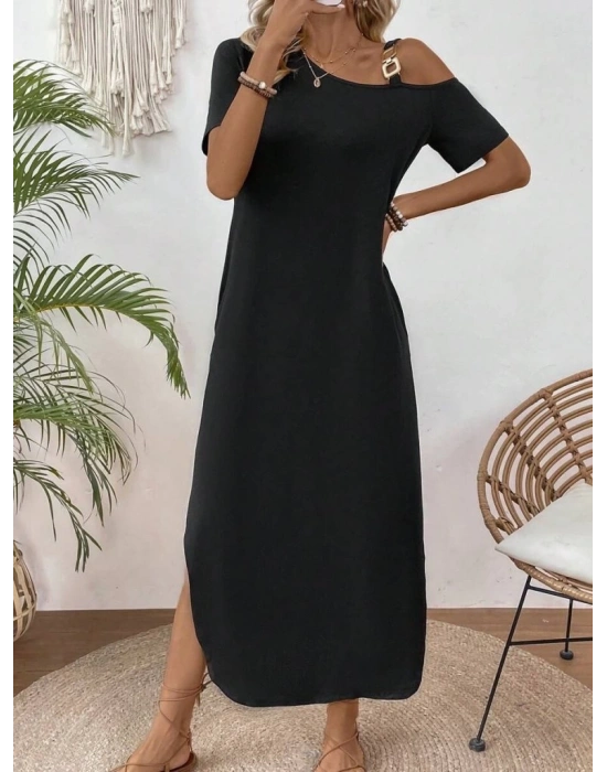 Kadın Tek Omuzdan Açık Toka Detaylı Yandan Yırtmaçlı Maksi Boy Viskon Elbise