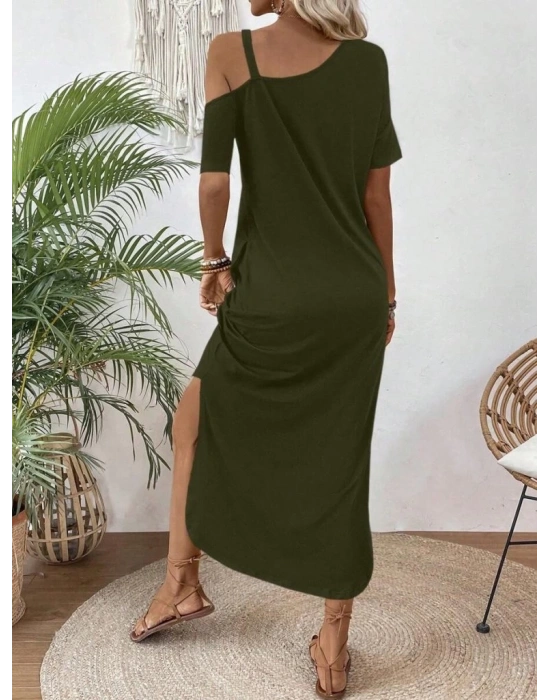 Kadın Tek Omuzdan Açık Toka Detaylı Yandan Yırtmaçlı Maksi Boy Viskon Elbise