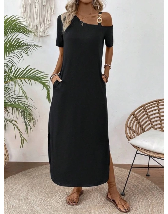 Kadın Tek Omuzdan Açık Toka Detaylı Yandan Yırtmaçlı Maksi Boy Viskon Elbise