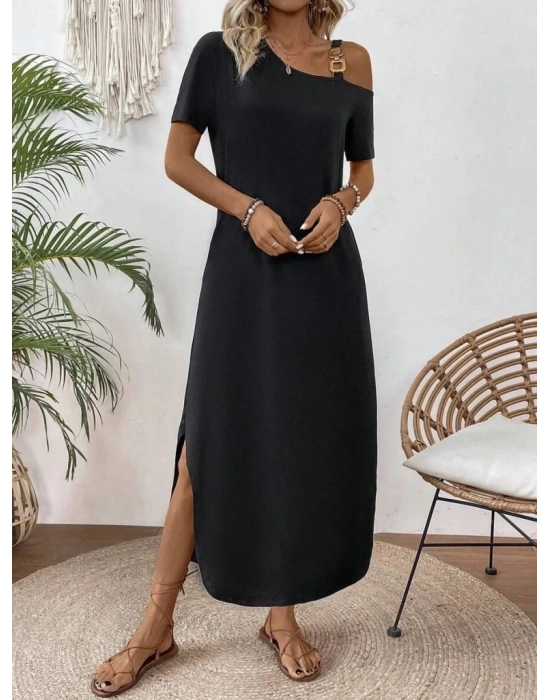 Kadın Tek Omuzdan Açık Toka Detaylı Yandan Yırtmaçlı Maksi Boy Viskon Elbise