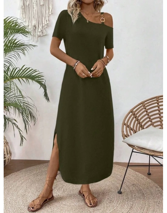 Kadın Tek Omuzdan Açık Toka Detaylı Yandan Yırtmaçlı Maksi Boy Viskon Elbise