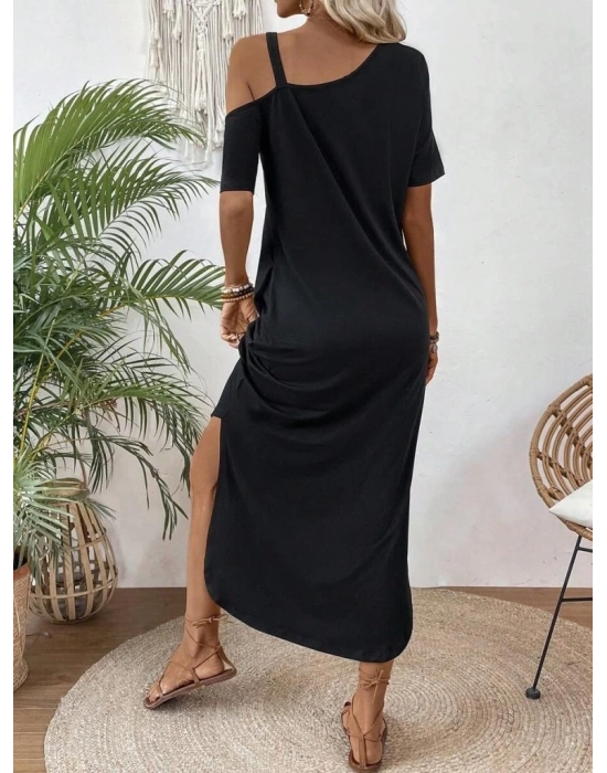 Kadın Tek Omuzdan Açık Toka Detaylı Yandan Yırtmaçlı Maksi Boy Viskon Elbise