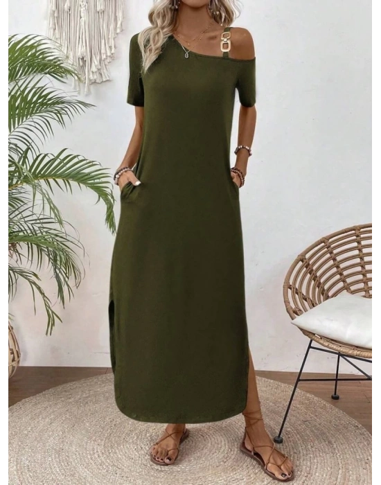 Kadın Tek Omuzdan Açık Toka Detaylı Yandan Yırtmaçlı Maksi Boy Viskon Elbise