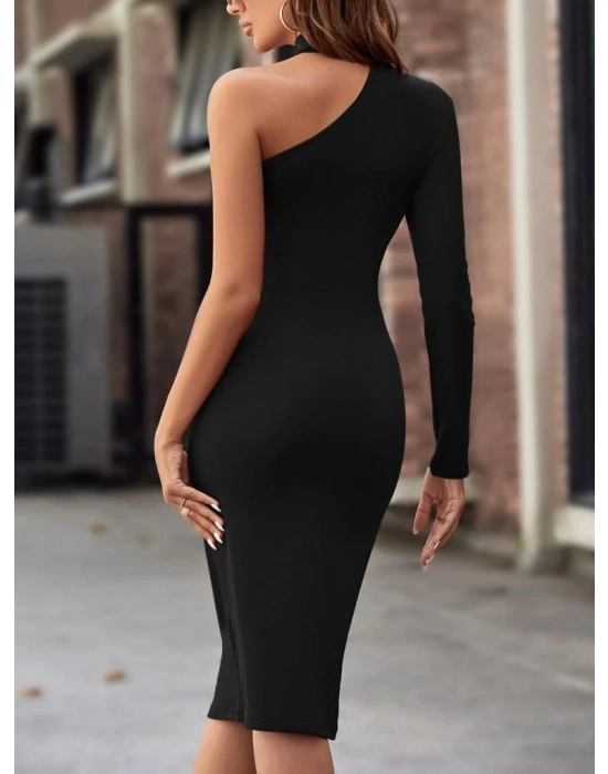 Kadın Tek Omuzdan Açık Uzun Kollu Balıkçı Yaka Midi Ithal Krep Elbise