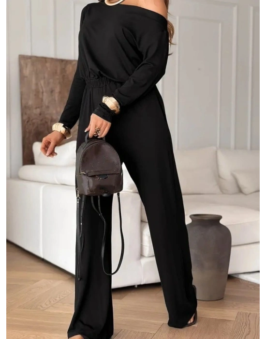 Kadın Tek Omuzdan Açık Uzun Kollu Belden Bağcıklı Uzun Viskon Iki Iplik Tulum