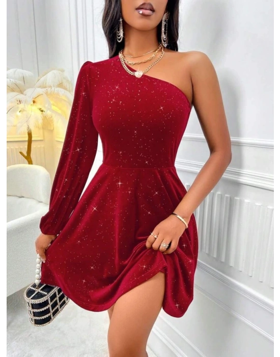 Kadın Tek Omuzdan Açık Uzun Kollu Taşlı Mini Elbise