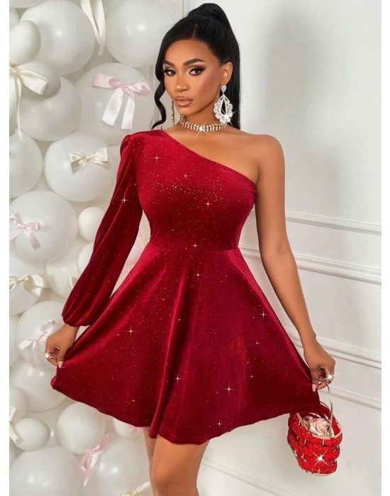 Kadın Tek Omuzdan Açık Uzun Kollu Taşlı Mini Elbise