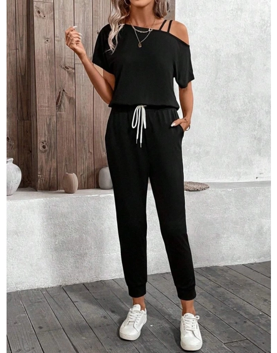 Kadın Tek Omuzdan Açık Viskon Iki Iplik Bluz Bağcıklı Pantolon Ikili Takım