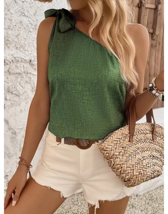 Kadın Tek Omuzdan Askılı Bağcıklı Keten Bluz