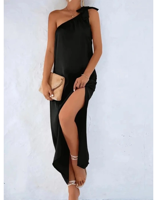 Kadın Tek Omuzdan Askılı Kurdela Detaylı Yırtmaçlı Uzun Janjan Krep Elbise