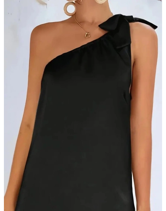 Kadın Tek Omuzdan Askılı Kurdela Detaylı Yırtmaçlı Uzun Janjan Krep Elbise