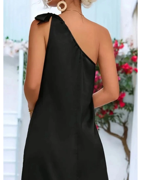 Kadın Tek Omuzdan Askılı Kurdela Detaylı Yırtmaçlı Uzun Janjan Krep Elbise