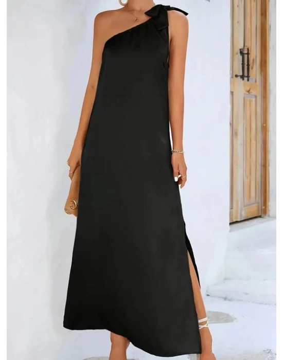 Kadın Tek Omuzdan Askılı Kurdela Detaylı Yırtmaçlı Uzun Janjan Krep Elbise