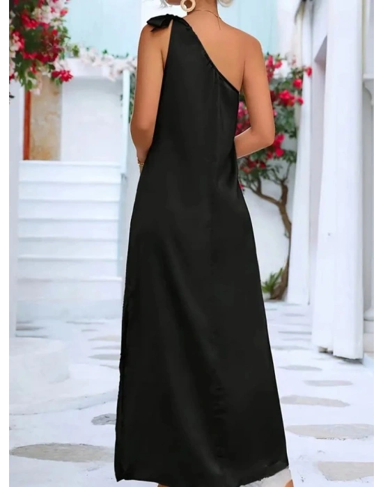 Kadın Tek Omuzdan Askılı Kurdela Detaylı Yırtmaçlı Uzun Janjan Krep Elbise