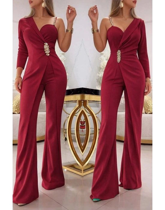 Kadın Tek Omuzdan Askılı Uzun Kollu Yakalı Yandan çiçek Aksesuar Detaylı Ithal Krep Tulum