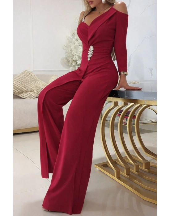 Kadın Tek Omuzdan Askılı Uzun Kollu Yakalı Yandan çiçek Aksesuar Detaylı Ithal Krep Tulum