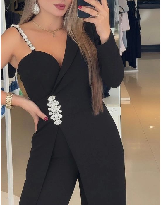 Kadın Tek Omuzdan Askılı Uzun Kollu Yakalı Yandan çiçek Aksesuar Detaylı Ithal Krep Tulum