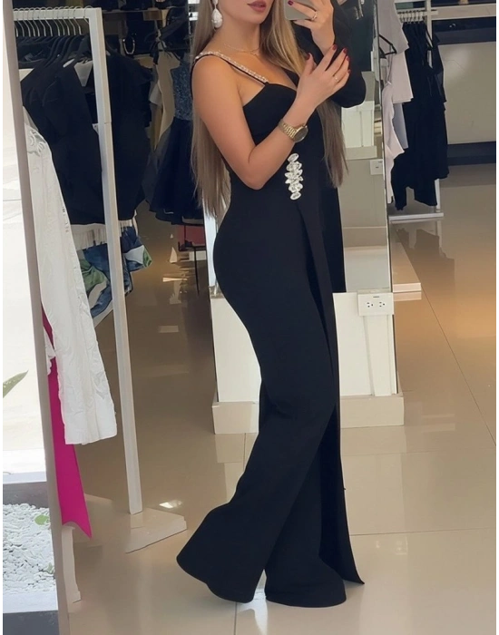 Kadın Tek Omuzdan Askılı Uzun Kollu Yakalı Yandan çiçek Aksesuar Detaylı Ithal Krep Tulum