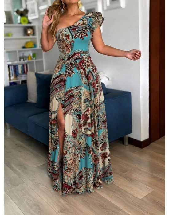 Kadın Tek Omuzlardan Açık Yırtmaçlı Uzun Desenli Elbise