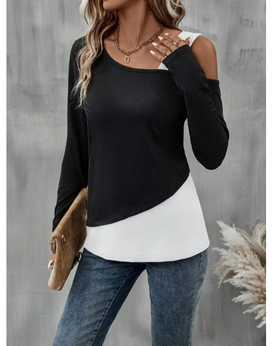 Kadın Tek Omuzu Açık Askılı çift Renkli Uzun Kollu Viskon Bluz